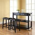 Betterbeds Solid Black Granite Top Kitchen Cart-Island in Black Fnsh w/24 in. Black Upholstered Saddle Stools BE375419